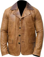 Men's Vintage Tan Leather Jacket Distressed Cowboy Western Style Coat Outwear