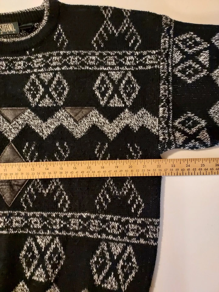 Suéter Geométrico Vintage Stefano Hombre L Retro Años 80 Negro con Parches de Cuero  Foto 3 de 4