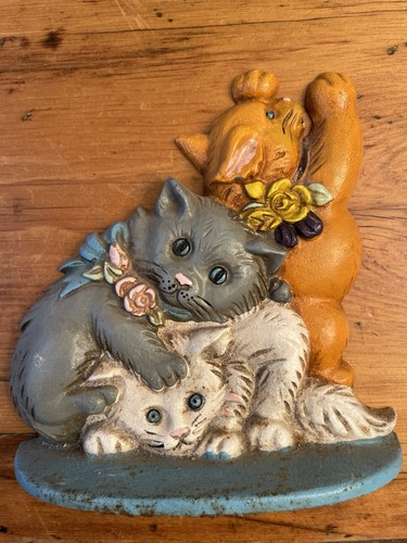 Vtg 80s Cast Iron Doorstop Cats 3 Kittens Kitty Decor Cottagecore Home Decor - Picture 4 of 11