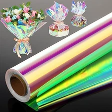 32 in x 200 ft iridescent cellophane wrap roll, rainbow wrapping paper
