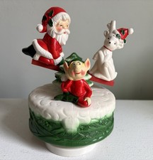 Hand Painted Ceramic Santa Claus & Reindeer on See Saw Rotating Musical Figurine