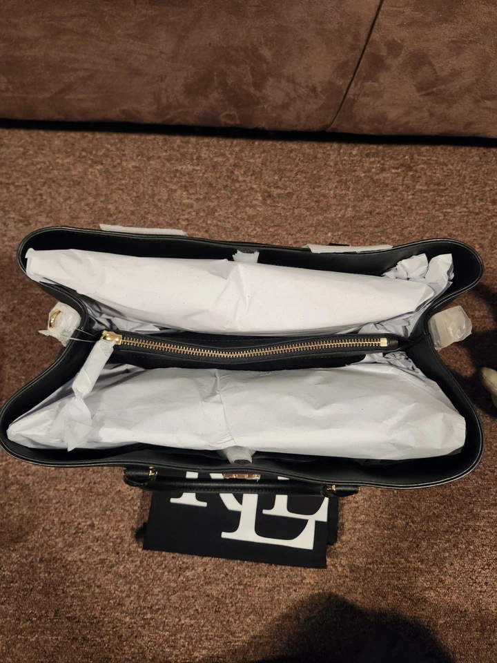 Bolso Cartera Ralph Lauren Dos Tonos Cuero Flexible Grande Marcy Negro/Rojo $495 NUEVO Foto 3 de 4