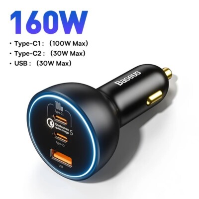 Baseus 160W Car Charger USB Type C QC 5.0 Fast Charging For iPhone 13 14 15 Pro