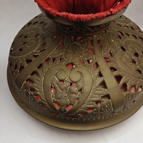 Antique Red Satin Drape Electrified Square Oil Lamp w/Pierced Brass Shade - Picture 20 of 23