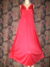 Vintage Shadowline Red Nylon Empire Style Formal Length Nighty Nightgown Petite