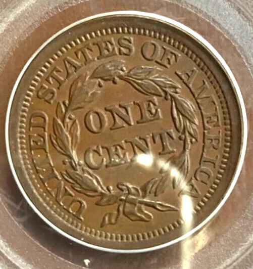 1852   N- 12 BRAIDED  HAIR  LARGE    CENT     PCGS AU58  ( CAC  APPROVED ) - Image 2 of 4