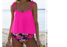 Beachsissi Tie Shoulder Floral Print Cute Tankini Set - Deep Pink - Size M - NEW