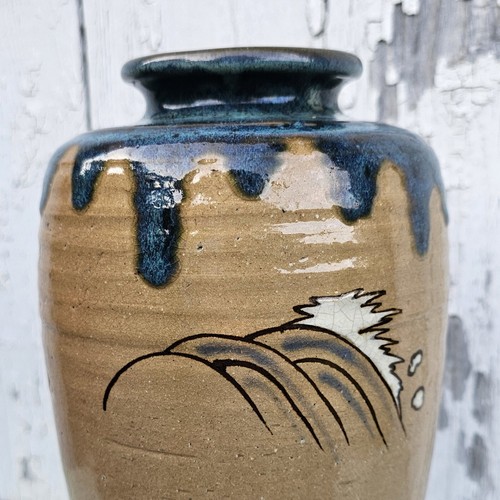 Seto Ware Japanischer Falke und Welle emailliertes Steinzeug mit blauer Tropfglasur Vase - Bild 12 von 22