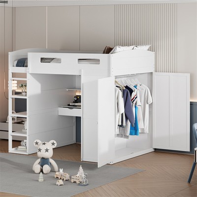 Full Size Solid Wood Loft Bed w/Desk,Wardrobes,4 Drawers & Storage Shelves-White