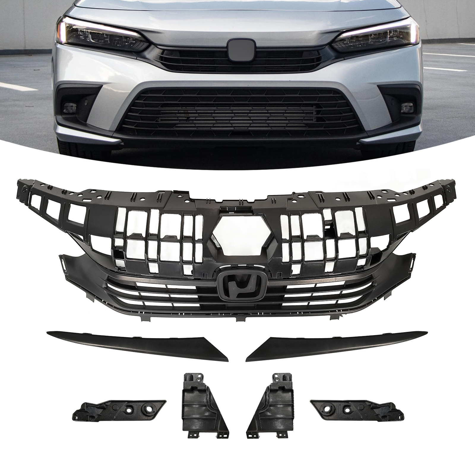 Front Bumper Upper Grill Grille Kit Black For 2022 2023+ Honda Civic Sedan 4D