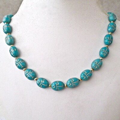 SCARAB TURQUOISE & GOLD ETCHED BEADED NECKLACE ~ FETCHING!