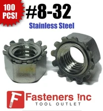 (Qty 100) #8-32 Kep Hex Star Lock Nuts Stainless Steel 18-8 / 304