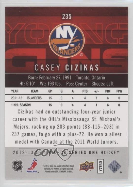 2012-13 Upper Deck Young Guns Casey Cizikas #235 Rookie RC - Image 2 of 2