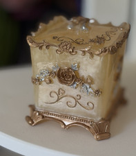 Gold Beige Resin Floral Rose Trinket Box w/ L...
