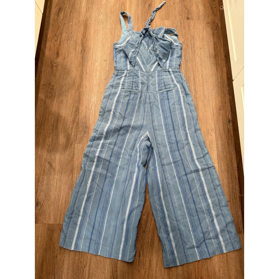 Mono Anthropologie a Rayas Pierna Ancha Corbata Frontal Sin Mangas Azul Boho Chic Foto 3 de 4