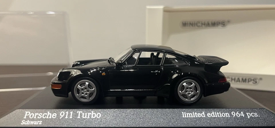 Porsche 911 Turbo 964 Minichamps 1 43 Black Schwarz, Interior Black - Immagine 3 di 4