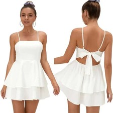 Halara Tie Back Tiered Ruffle Cotton Mini Dress White MED NWT