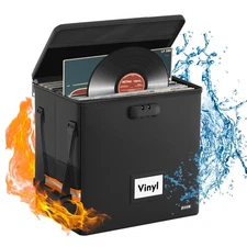 Fireproof Vinyl Record Storage Box with Lock,Water Resistant Small Record Sto...