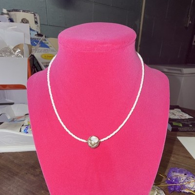White Beaded Ball Chain Necklace w/ Round White Pearl Pendant