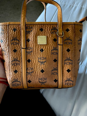 MCM Brown Visetos Monogram Tote Zip Top Handle Detachable Strap Gold HW