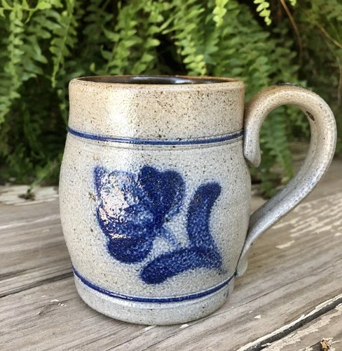 Vtg 1980s Rowe Pottery Works Salt Glazed Stoneware Coffee Mug Cobalt Blue Design