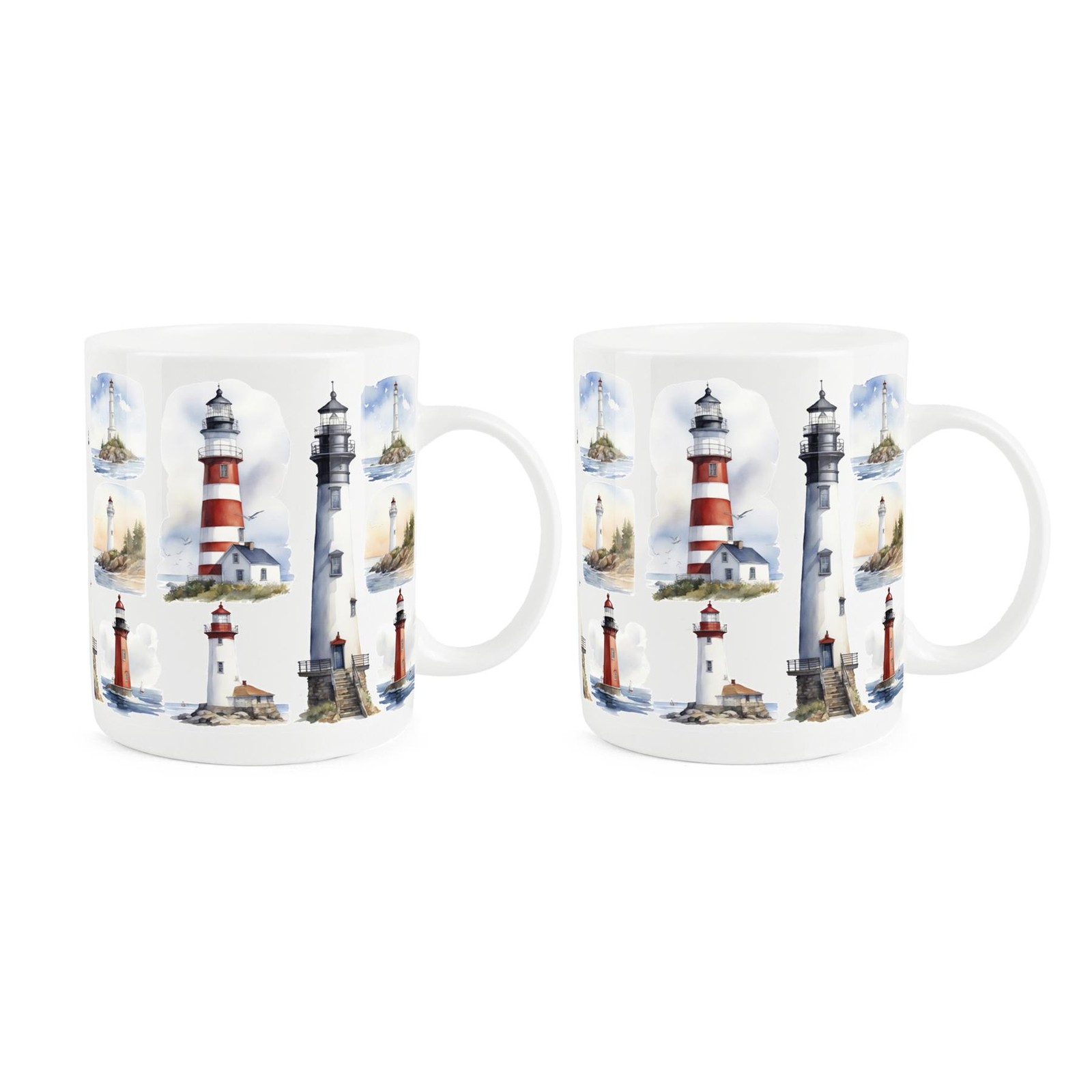 Lighthouse Mugs - Sailing Boating Coastal Gift/Present - Bone China Cup Set of 2
