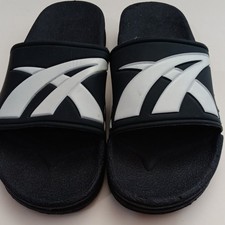 Men's Black/White Slide Sandals Slip-On Logo Accent Synthetic Upper US 5.5