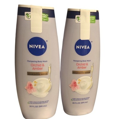(2) NIVEA Pampering Body Wash LOT Delicate Orchid & Amber  20 oz Shower Gel Bath