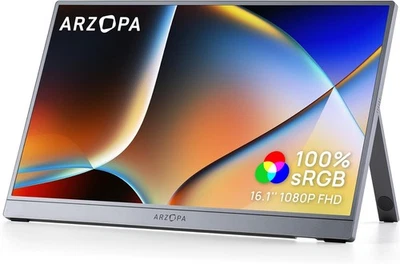 ARZOPA 16.1" Portable Monitor Gray, 100% sRGB FHD 1080P Kickstand 16.1", Gray