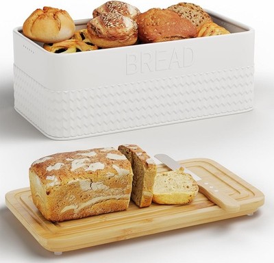 Bread Box Kitchen Countertop,Metal Bread Storage Bin W/ Bamboo Cutting Board Lid