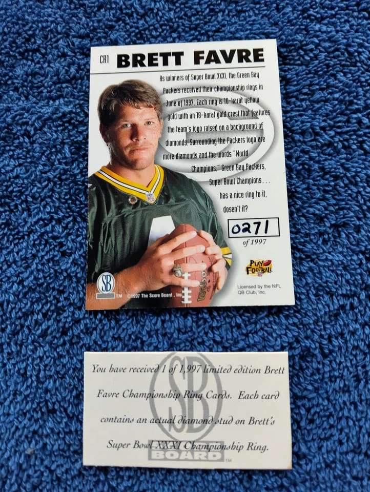 1997 Scoreboard Pro Line Gems Brett Favre Super Bowl Ring Diamond Card 271/1997 - Image 2 of 2