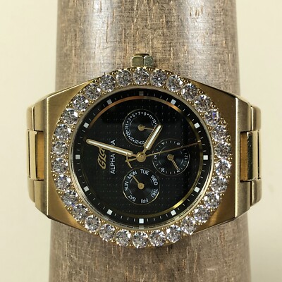 GLD Alpha Era Men Black Dial Day Date Gold Tone Pave Quartz 42mm