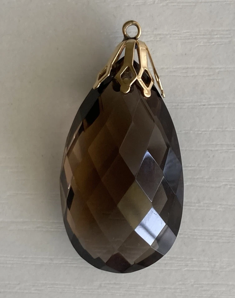 Colgante de cuarzo ahumado vintage de oro amarillo de 10k precioso corte elegante briolette 12,12 g Foto 2 de 4