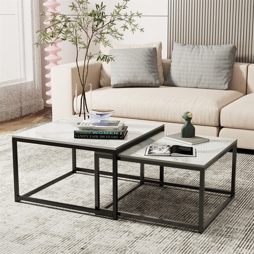 High Gloss Nesting Coffee Tables Set Of 2 Side End Table Marble Top Sturdy Legs - Picture 2 of 20