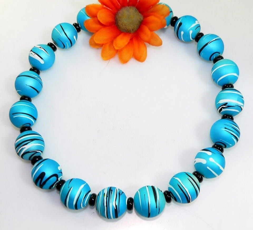 Modeschmuck Kette Halskette PERLEN SPIRAL MUSTER 20mm Ø Türkis schwarz weiß 469q - Bild 3 von 4