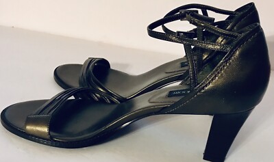 Jennifer Moore Pewter Leather Open Toe Block Heels Sandals “Alyssa” Size 10  M