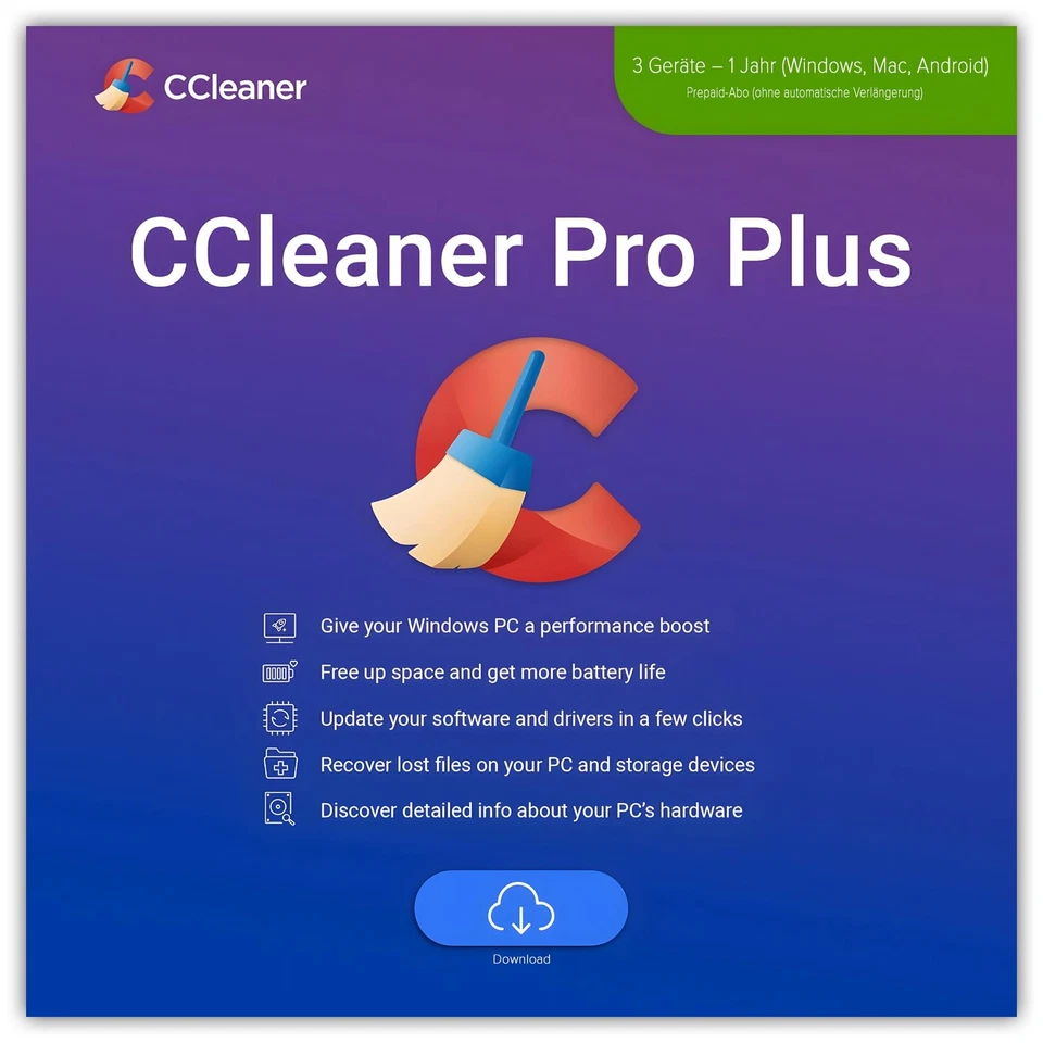 CCleaner Professional Plus| 3 Geräte | 1 Jahr|ohne Abo|Key schnell per eMail|ESD