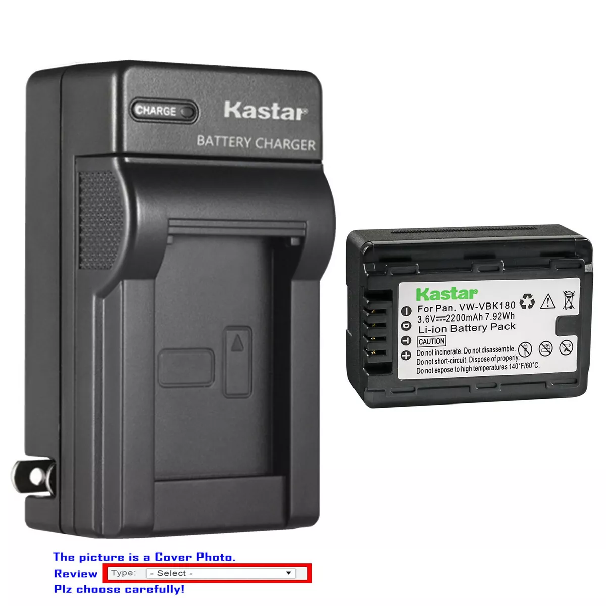Kastar Battery AC Wall Charger for Panasonic VW-VBK180 HC-V600M HC-V707 SDRT50K