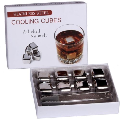 Cooling Cubes Stainless Steel Ice Cubes Set of 8 Reuseable Washable plus Tongs - Picture 1 of 11