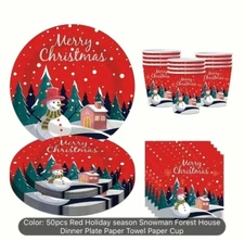 50pcs Christmas Party Pack: Snowman Themed Disposable Tableware Set with Plates,