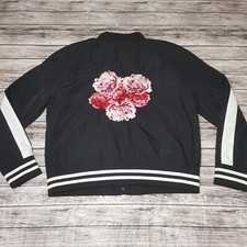 Guess Size L Women Track Jacket Floral Embroidered Full Zip Long Sleeve Black