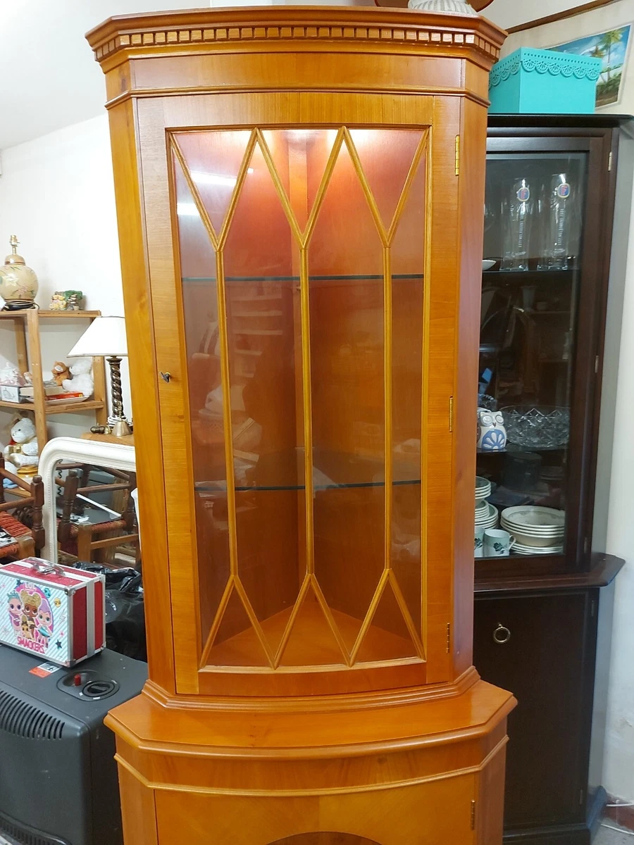 YEW WOOD VENEER FLOOR CORNER DISPLAY CABINET. GLAZED DOOR With