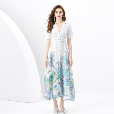 Women Fashion Holiday Lapel Collar Short Sleeve Long Floral Printed A-line  Dress | eBay