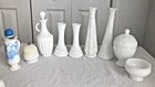 Avon lot of 9 WHITE MILK GLASS empty bottles vintage Vase Cruet dish w/lid cup