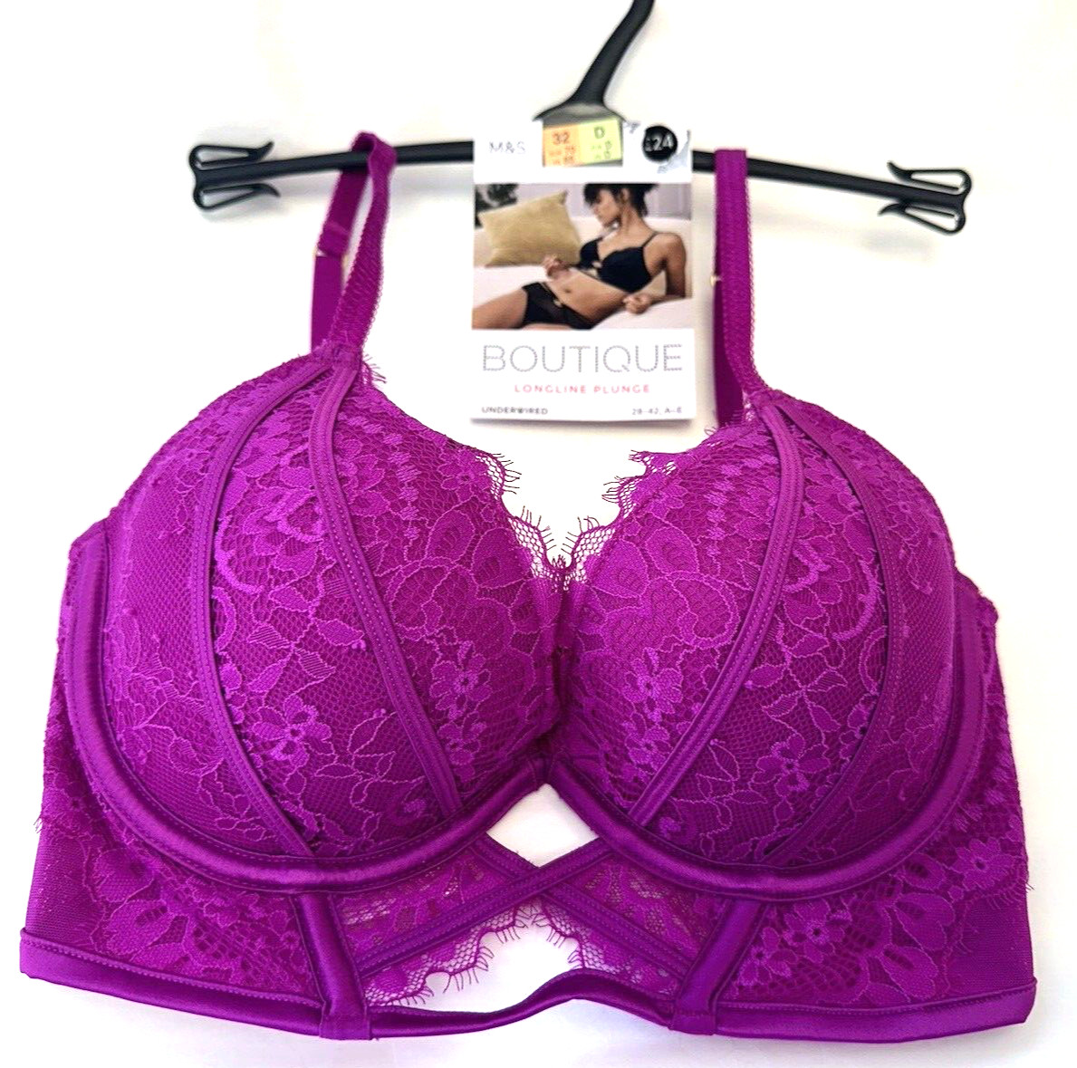 NEW M&S Boutique Marks & Spencer UK32D bright magenta longline padded plunge bra