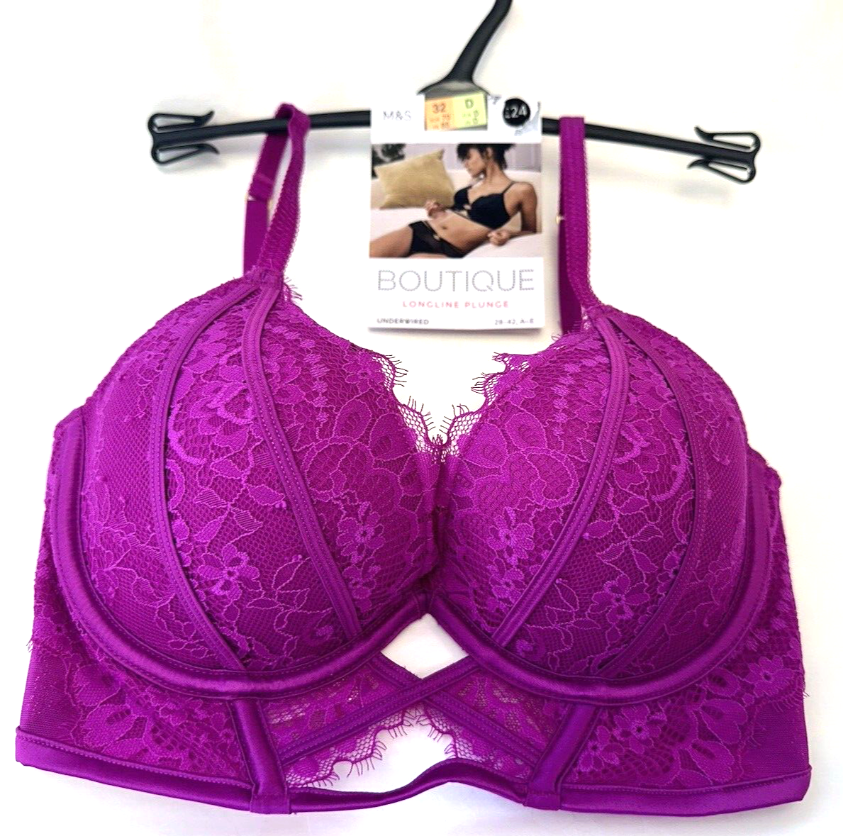 NEW M&S Boutique Marks & Spencer UK32D bright magenta longline padded plunge bra
