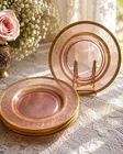 Set of 4 Vintage Pink Depression Glass Gold Gilt Etched Dessert Plates 8”