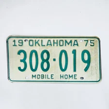 1975 United States Oklahoma Base Mobile Home License Plate 308-019
