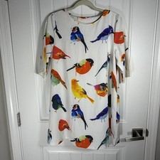 Colorful Bird Print Shift Dress Women’s Medium 1/2 Sleeve White