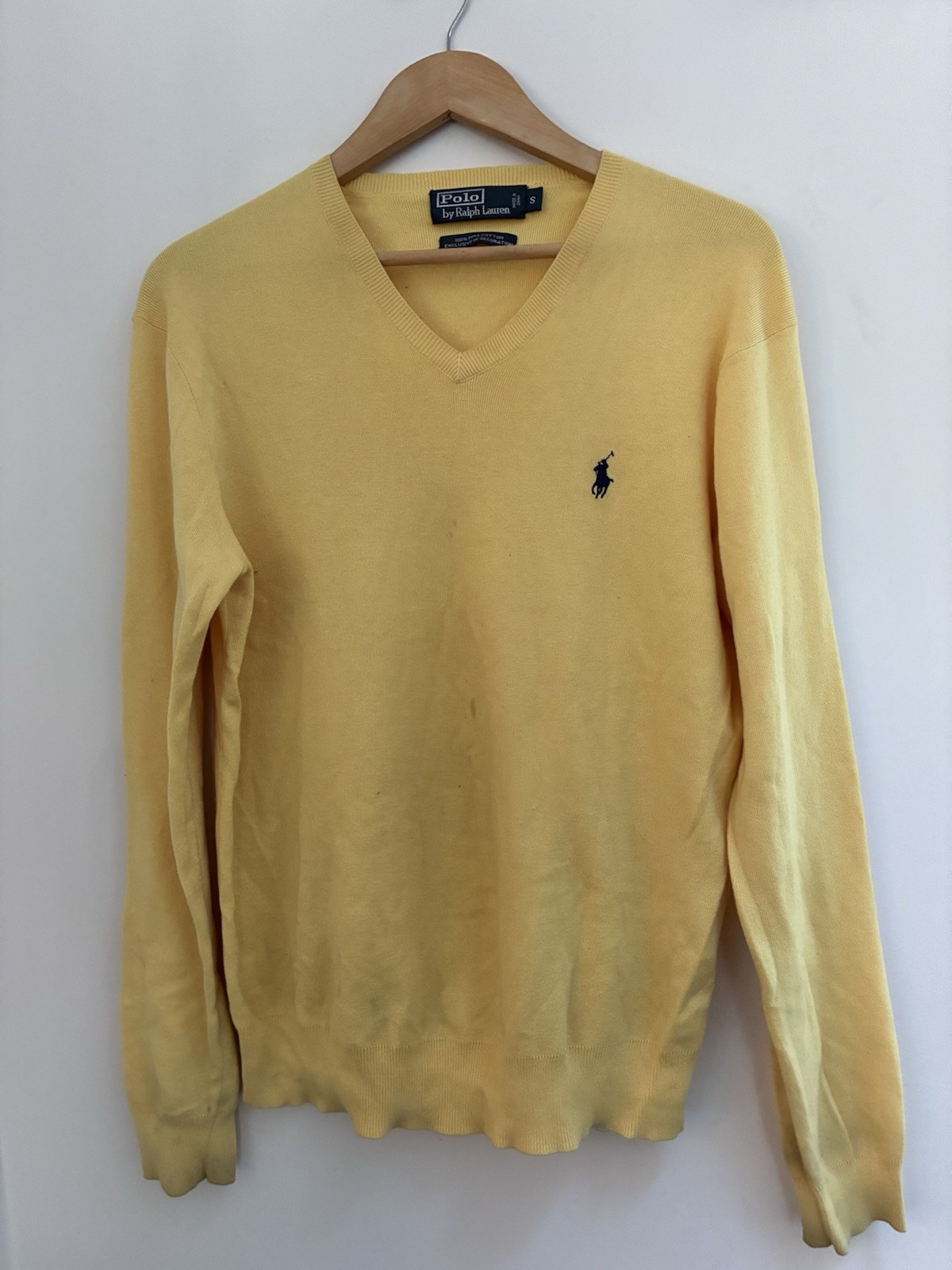 Polo Ralph Lauren Men Solid Yellow 100% Pima Cotton V-Neck Long Sleeve Sweater S